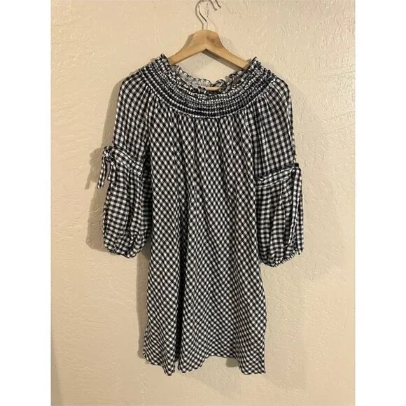 Y Max Edition Gingham Plaid Smocked Black & White Puffy Sleeve Cotton Midi Dress - Picture 1 of 10